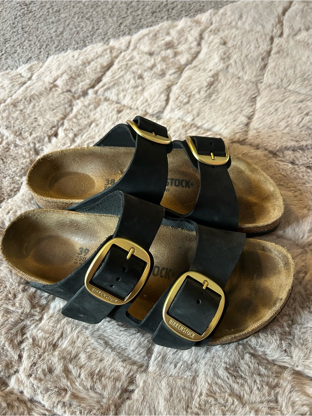 Birkenstock Arizona Soft Footbed Sandals in Black with Gold Buckles